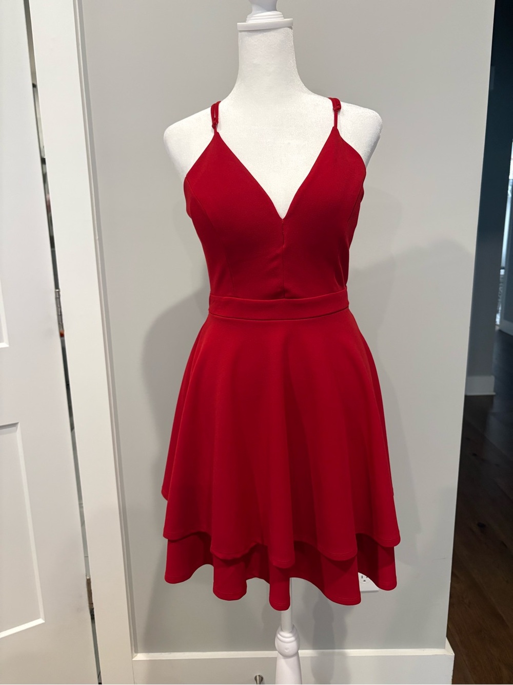 Honey and Rosie Red V-Neck Spaghetti Strap Mini Dress